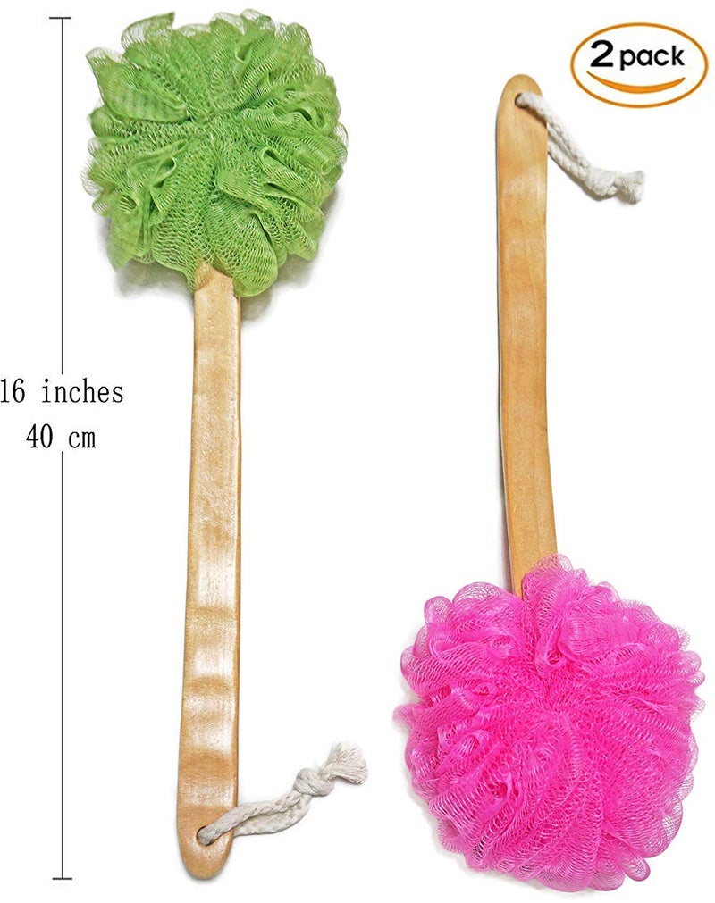 JINS-Hung Shower Loofah Body & Back Scrubber - Exfoliating Loofah luffa loofa Bath Brush On a Stick - with Long Wooden Handle Back Brush for Men & Women - Easy Reach Body Wash & Lotion Applicator 2-Pack - Image 3